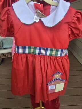 Red Girls' Schoolhouse Appliqué Dress with White Peter Pan Collar TBBC 4t